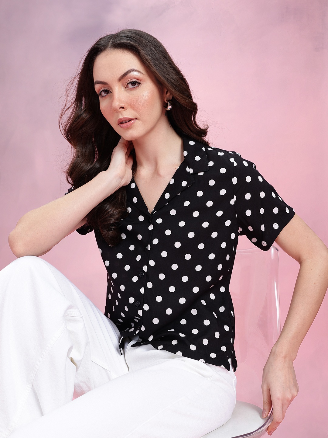 

DressBerry Polka Dots Print Cuban Collar Opaque Casual Shirt, Black