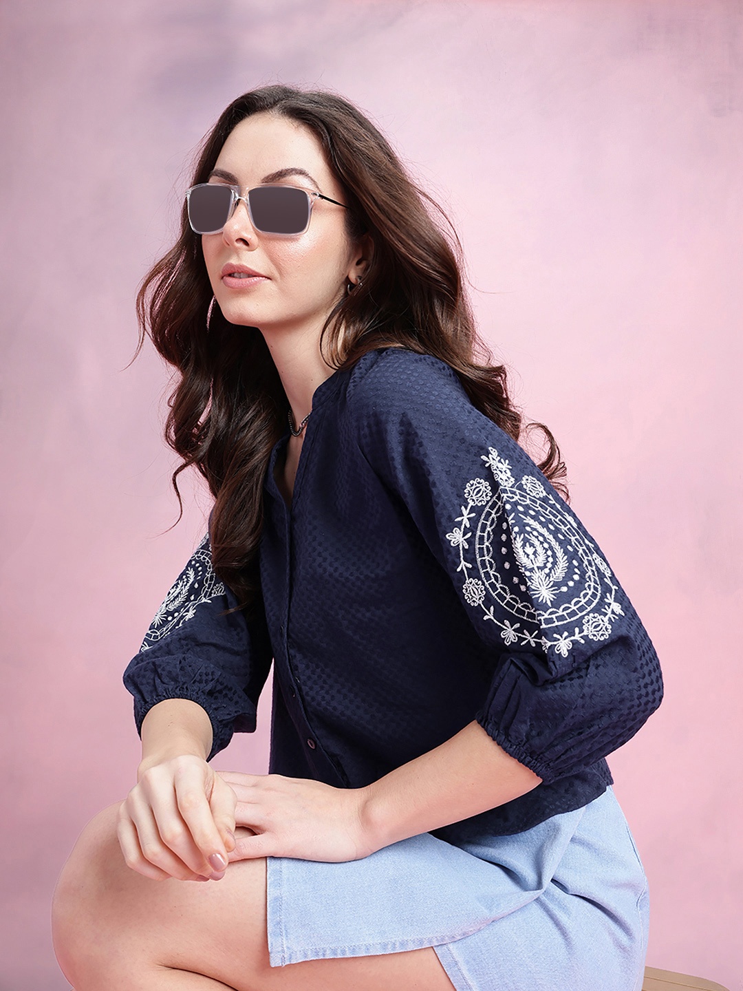 

DressBerry Mandarin Collar Puff Sleeve Cotton Shirt Style Top, Navy blue