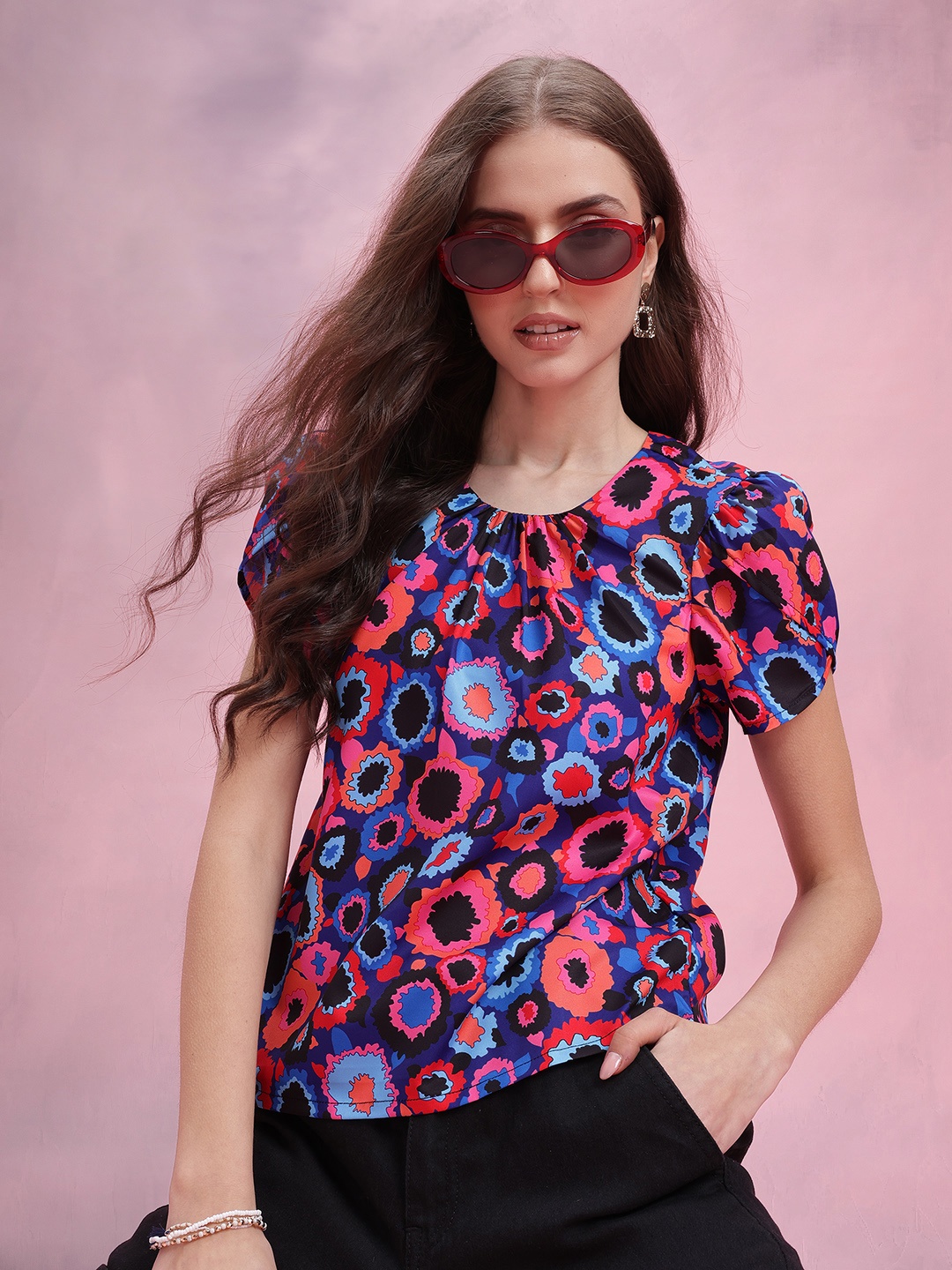 

DressBerry Abstract Printed Petal Sleeve Top, Blue