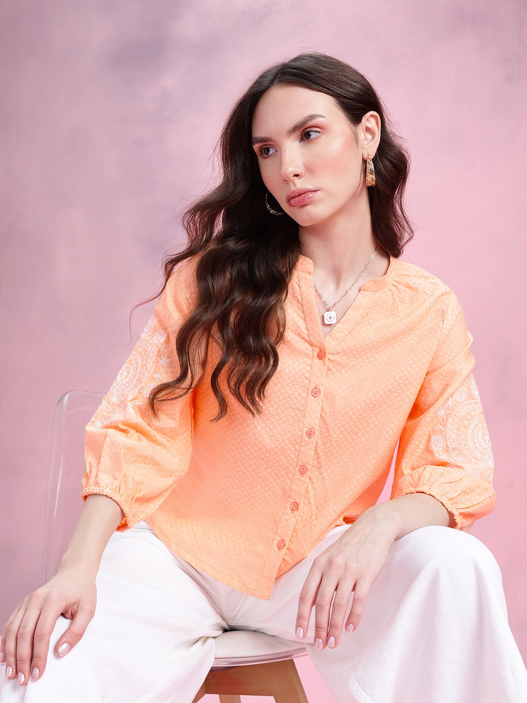 

DressBerry Puff Sleeve Cotton Dobby Shirt Style Top, Peach