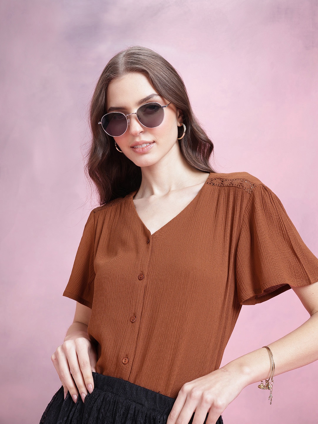 

DressBerry Flutter Sleeve Crinkle Effect Shirt Style Top, Brown