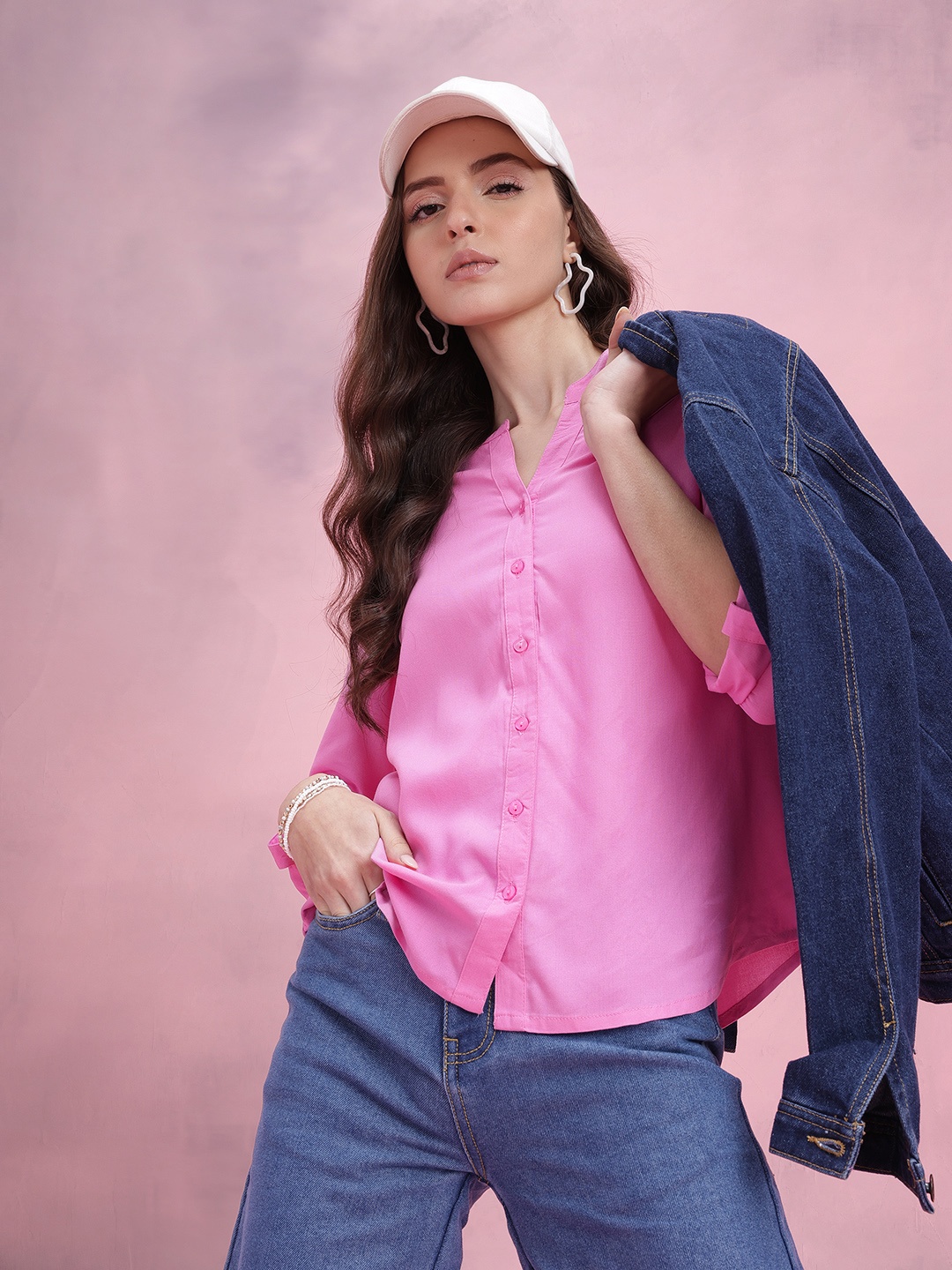 

DressBerry Mandarin Collar Casual Shirt, Pink