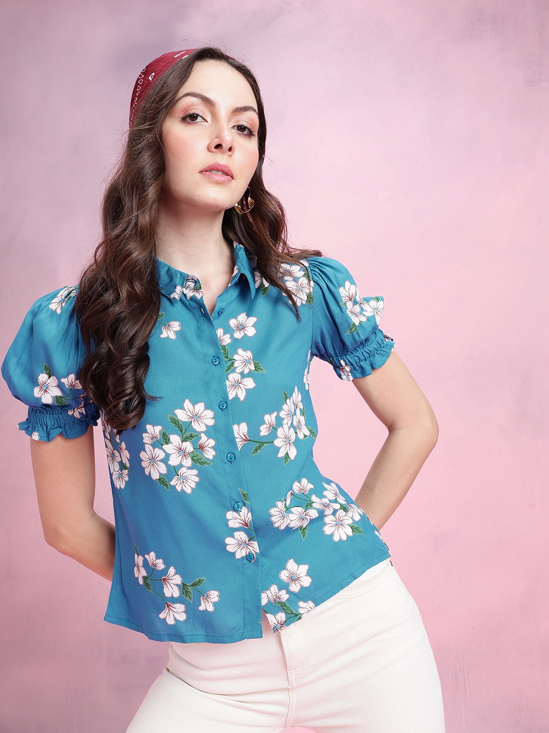 

DressBerry Floral Print Puff Sleeves Shirt Style Top, Blue