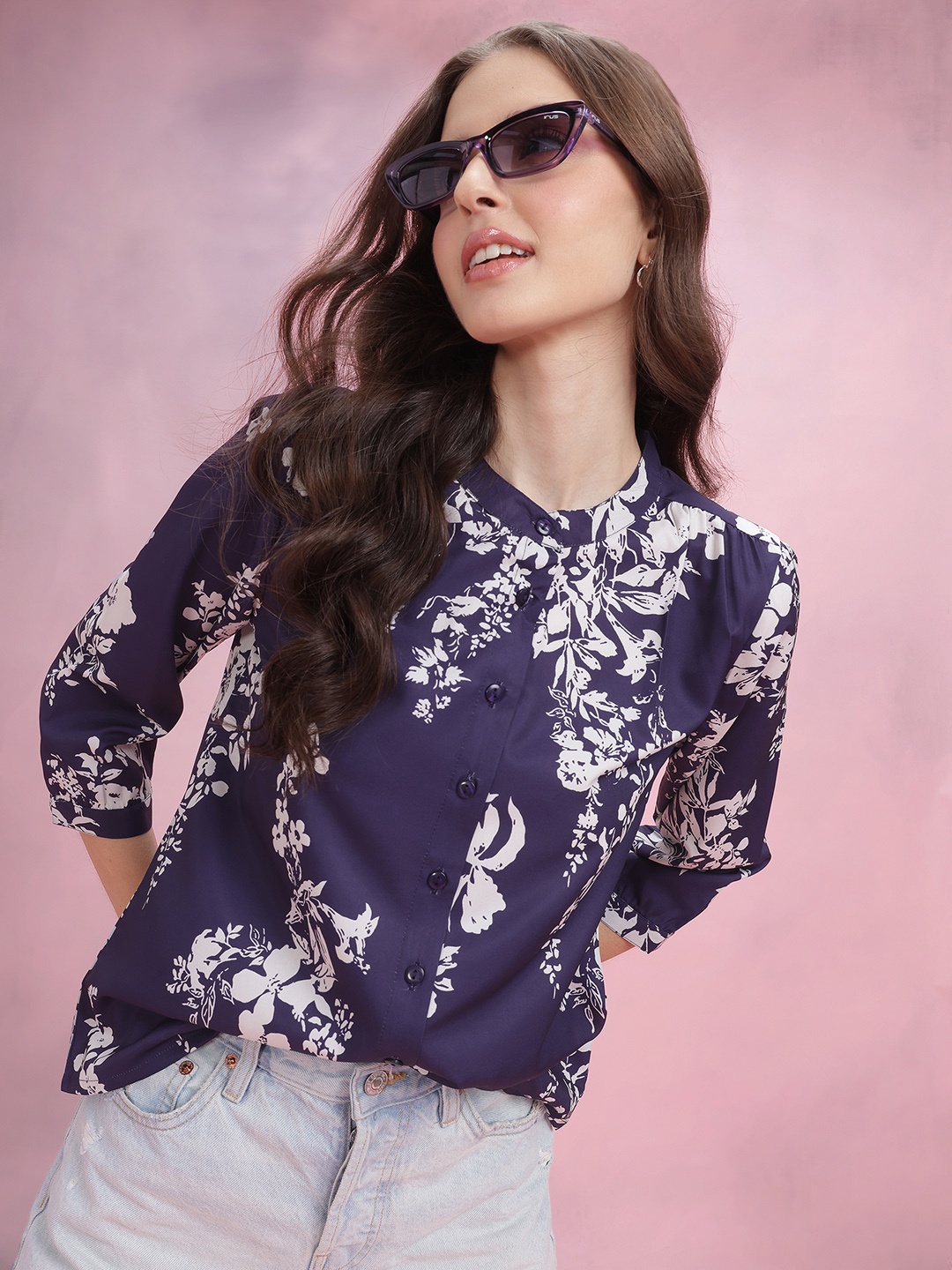 

DressBerry Floral Print Mandarin Collar Shirt Style Top, Navy blue