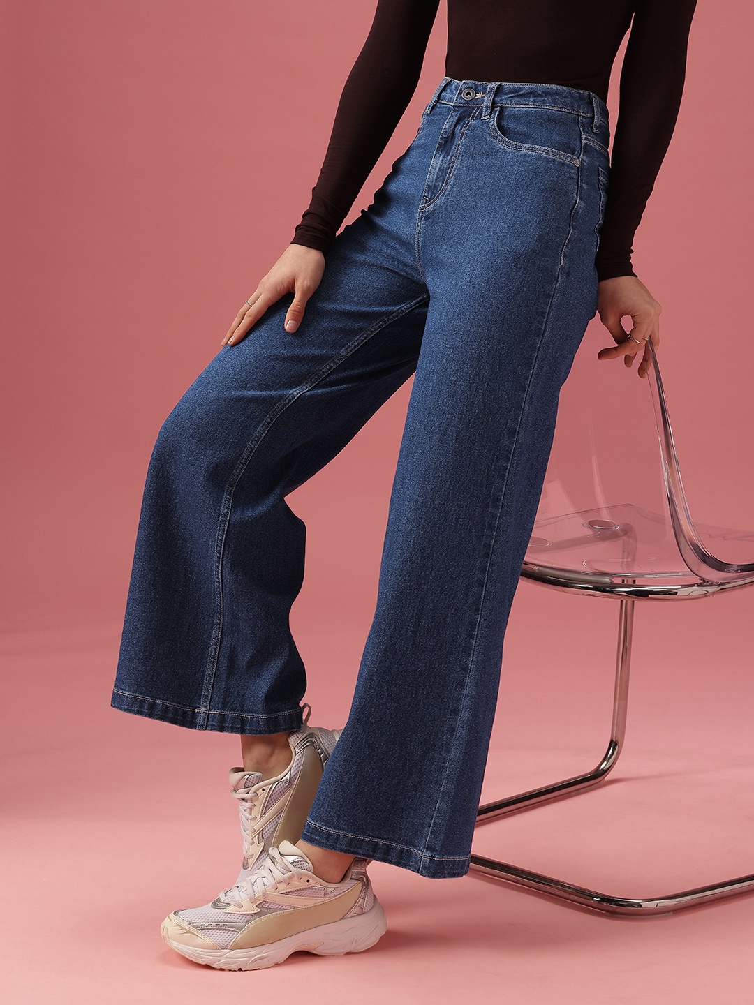 

DressBerry Women Wide Leg High-Rise Light Fade Stretchable Jeans, Blue