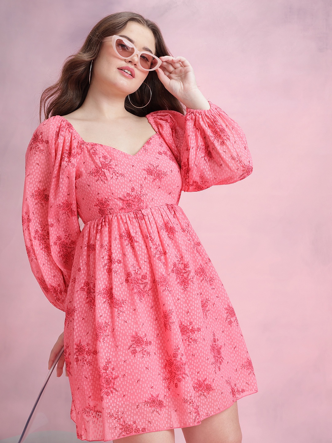 

DressBerry Floral Print Puff Sleeve Fit & Flare Dress, Pink