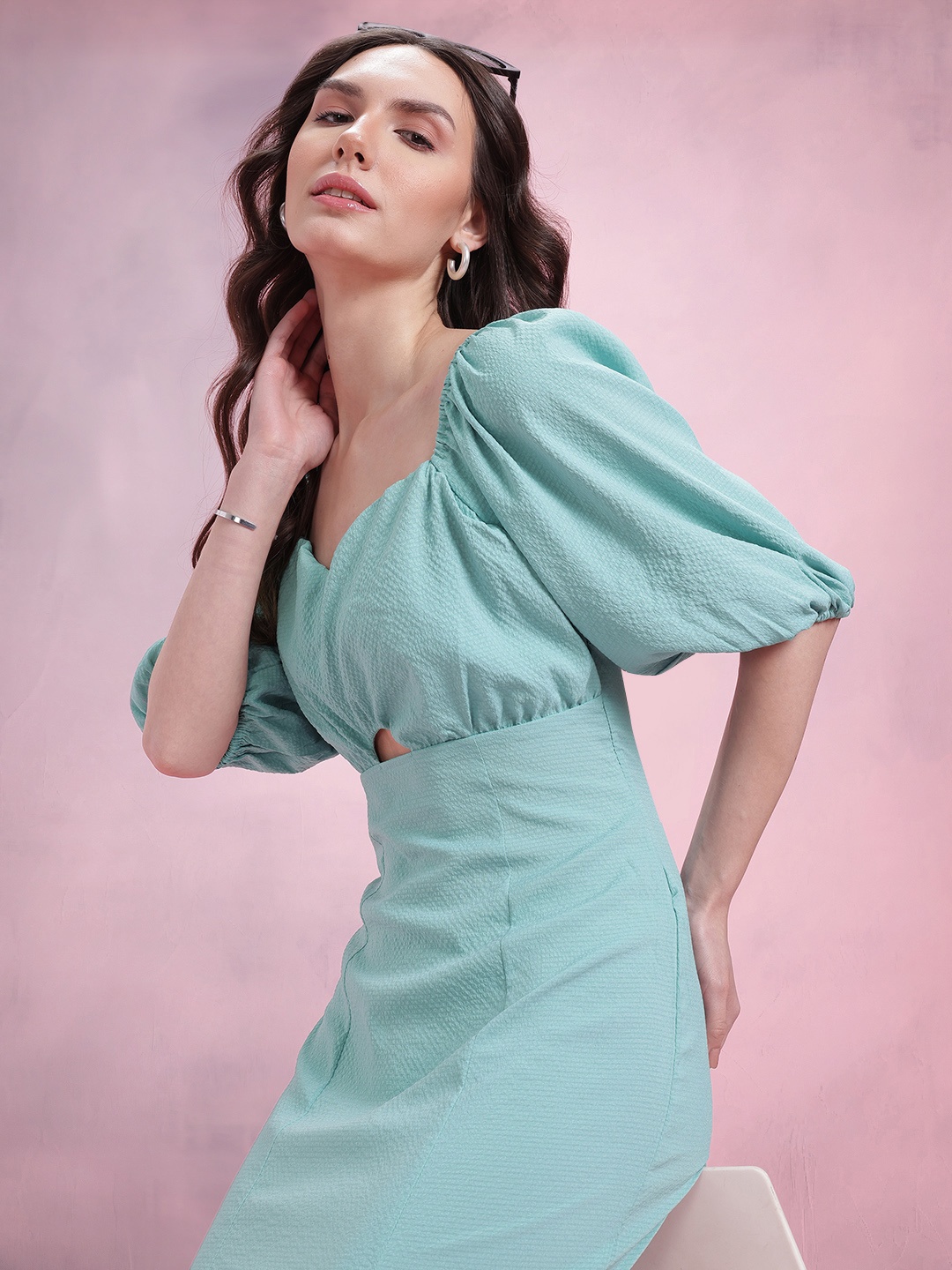 

DressBerry Puff Sleeves Seersucker Mini Dress, Green