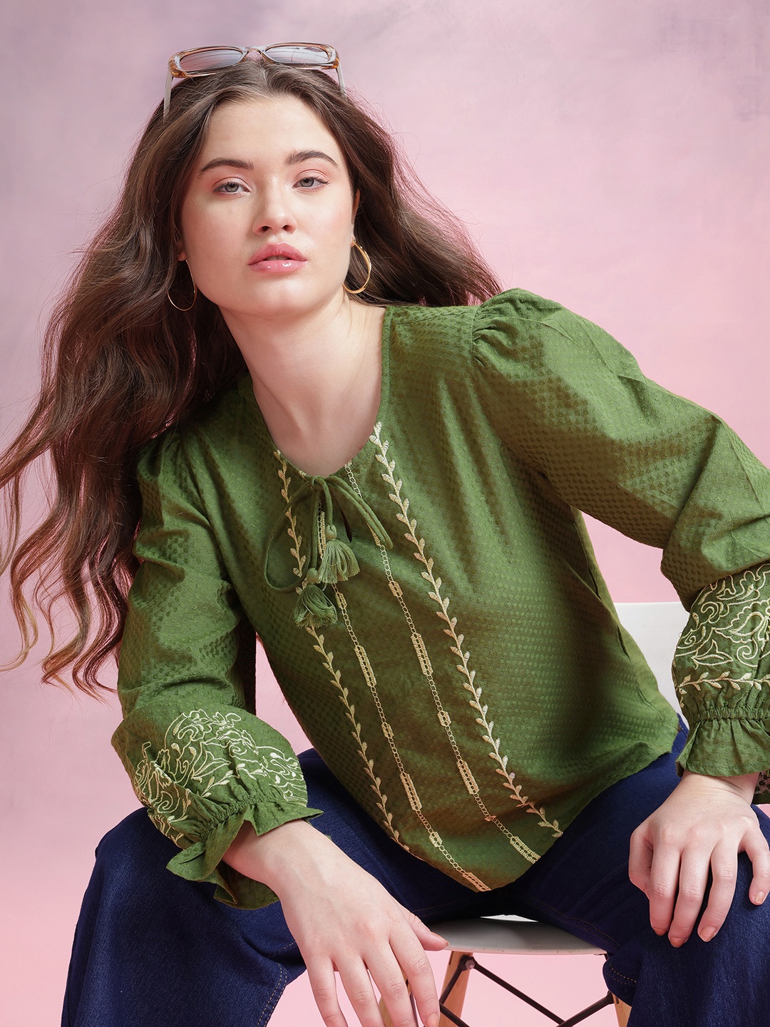 

DressBerry Embroidered Pure Cotton Top, Green