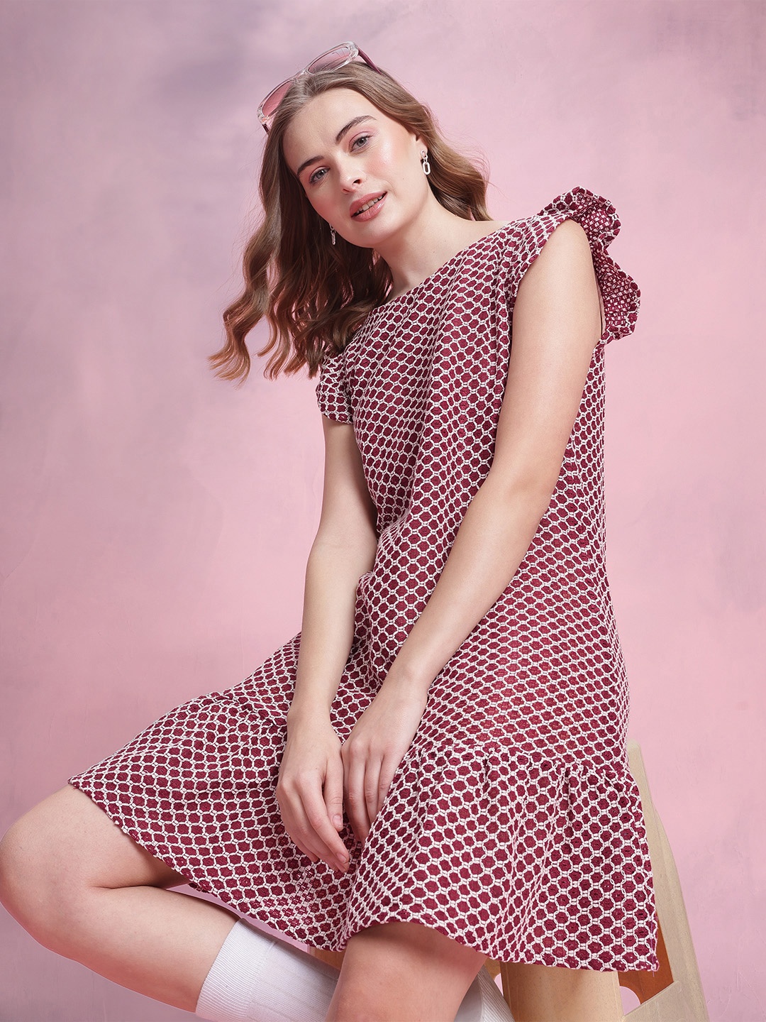 

DressBerry Flutter Sleeve Crochet A-Line Mini Dress, Red