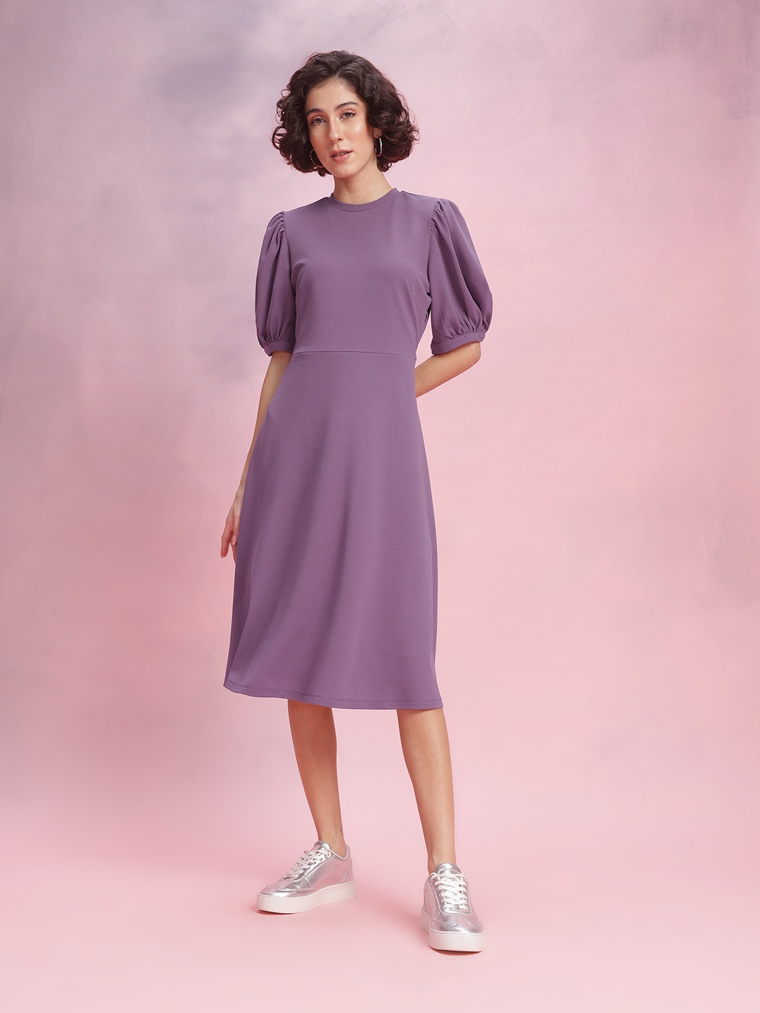 

DressBerry Bizwear Textured Puff Sleeves Midi A-Line Dress, Purple