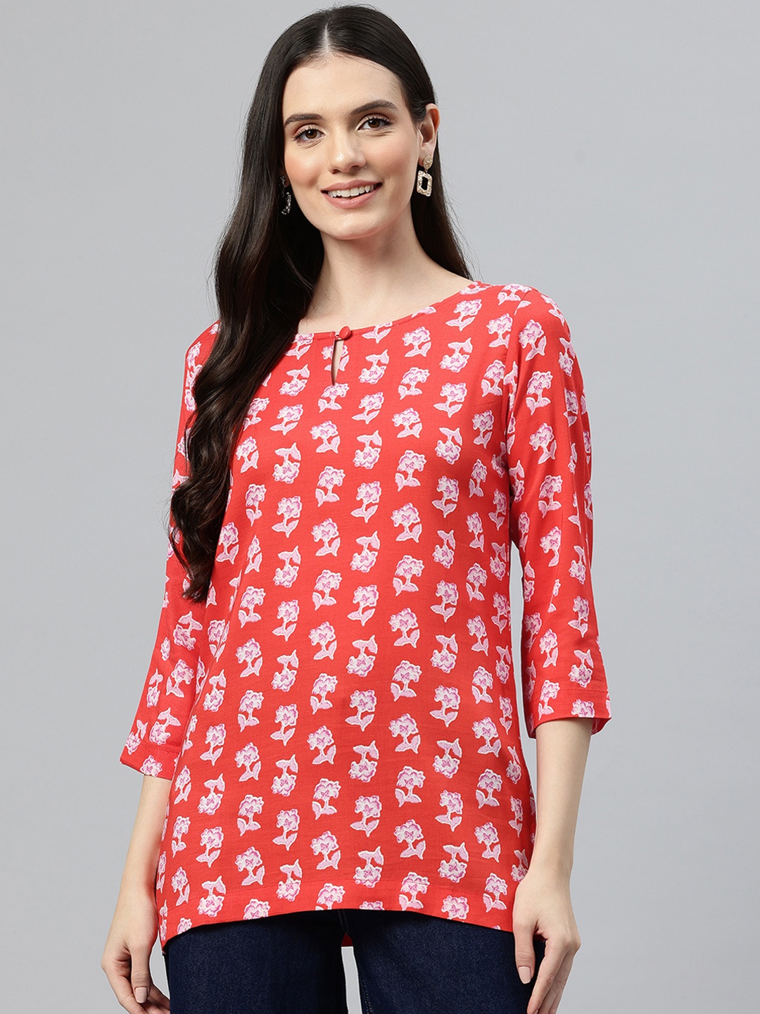 

One Femme Floral Printed Kurti, Red