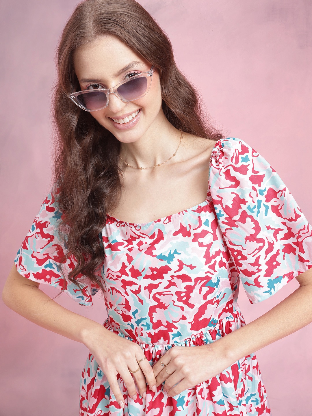 

DressBerry Floral Print Pleated Midi A-Line Dress, Pink