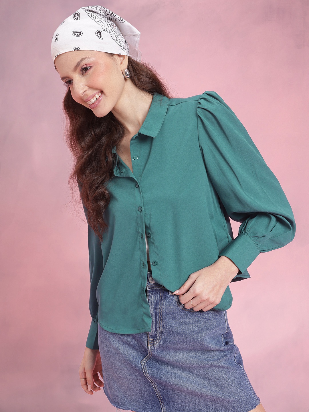 

DressBerry Puff Sleeve Shirt, Green