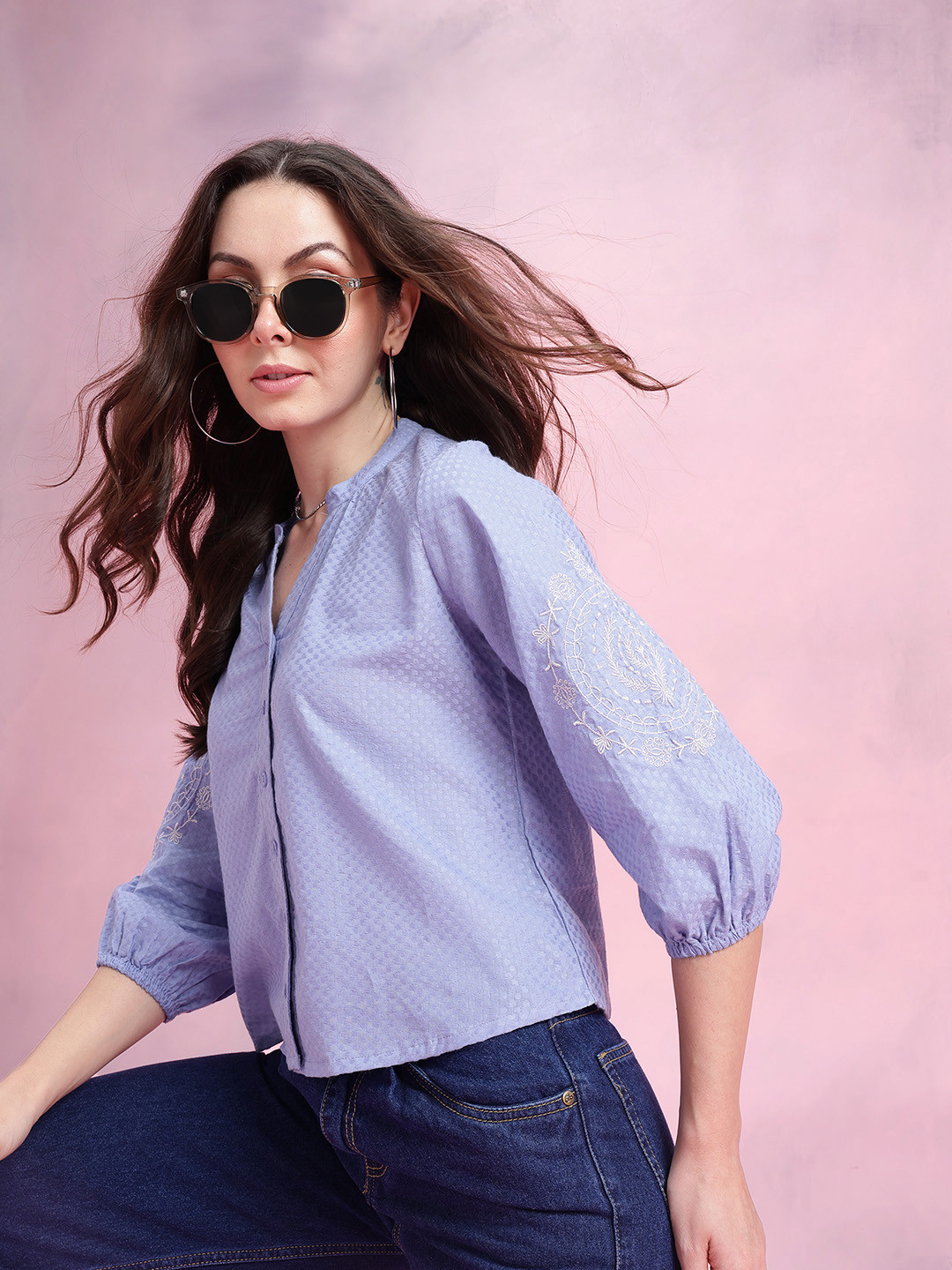 

DressBerry Mandarin Collar Puff Sleeve Shirt Style Top, Blue