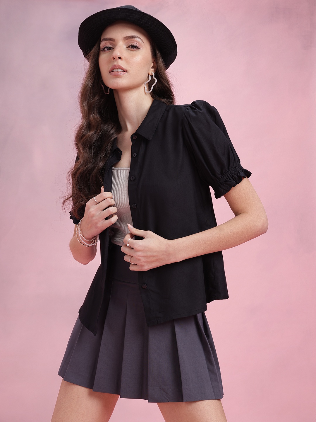 

DressBerry Puff Sleeves Casual Shirt, Black