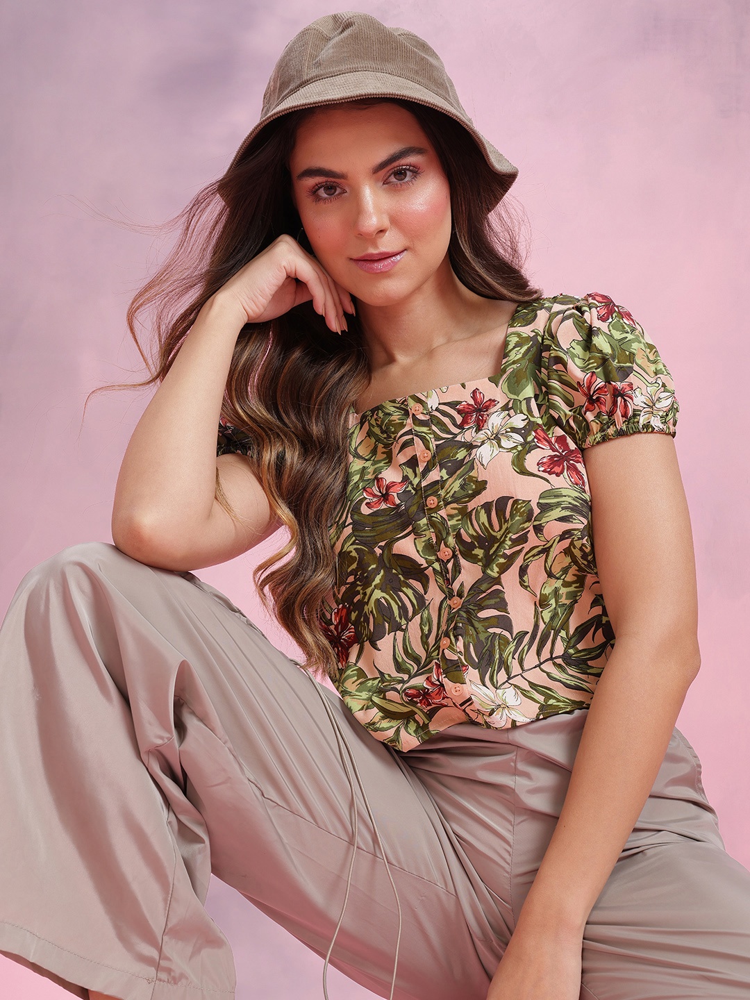 

DressBerry Floral Print Puff Sleeve Top, Pink