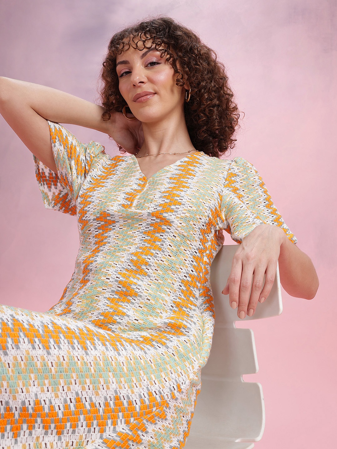 

DressBerry Crochet Flared Sleeve A-Line Midi Dress, Orange