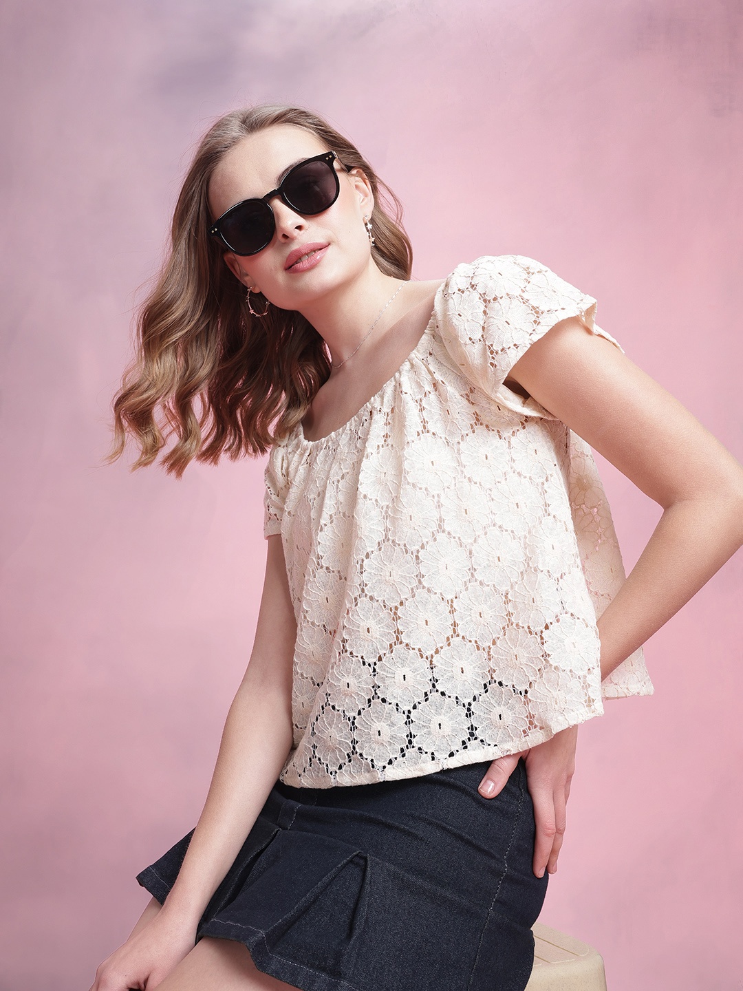 

DressBerry Floral Lace Boxy Top, Cream