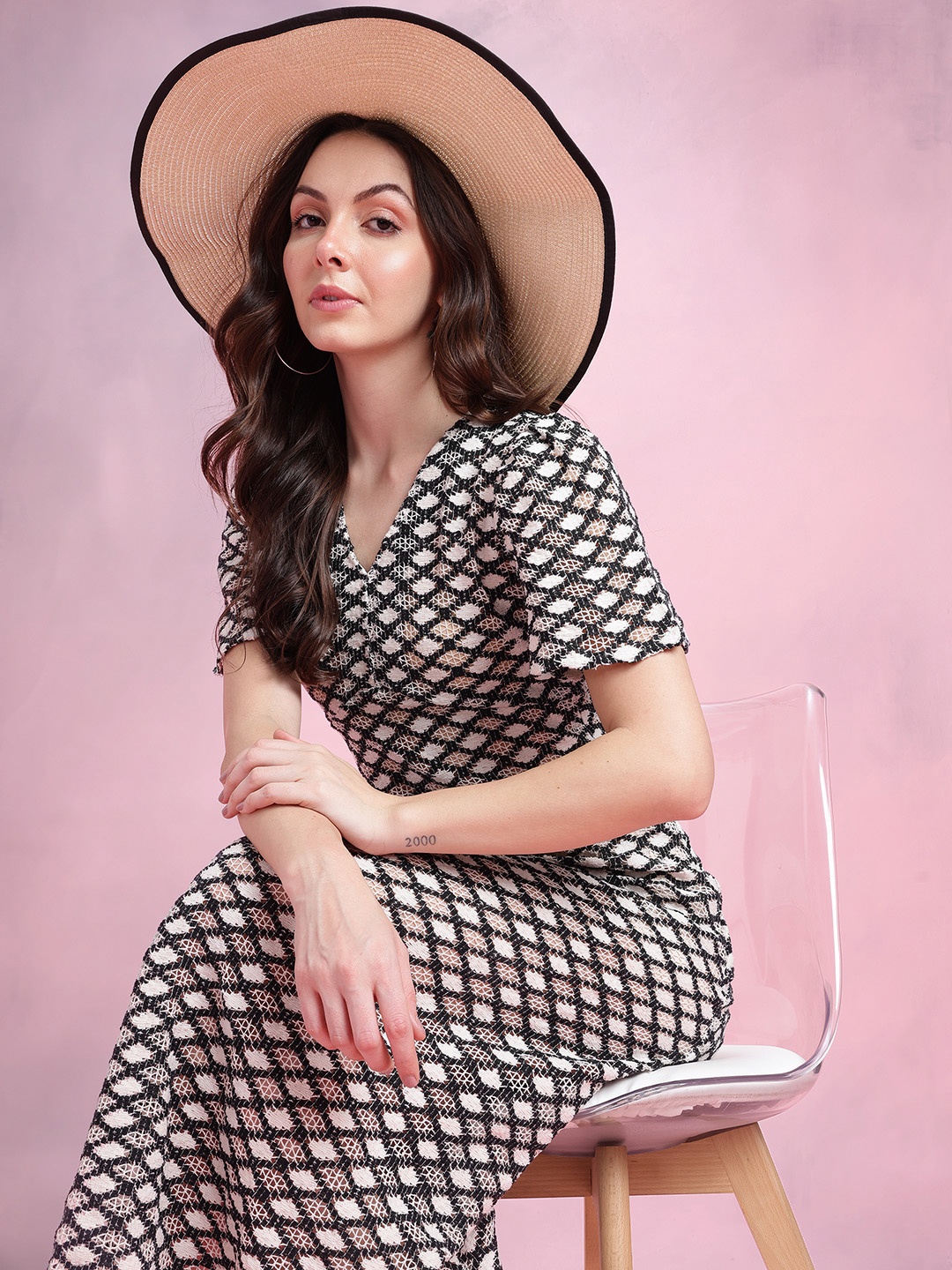 

DressBerry Flared Sleeve Crochet A-Line Midi Dress, Off white