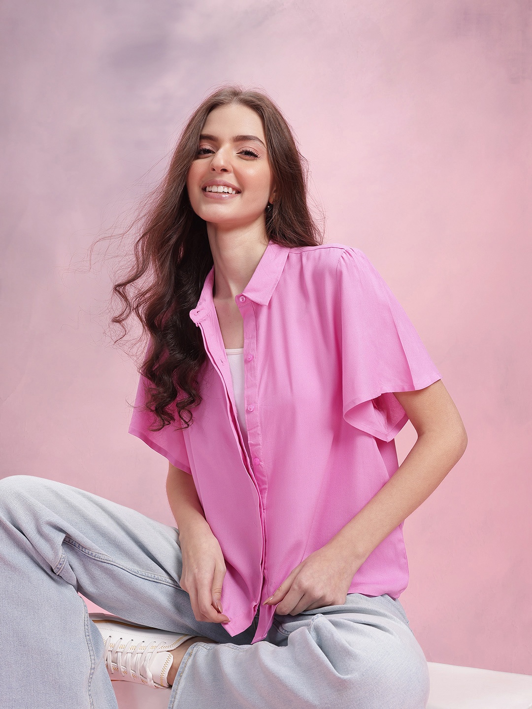 

DressBerry Flutter Sleeve Casual Shirt, Pink