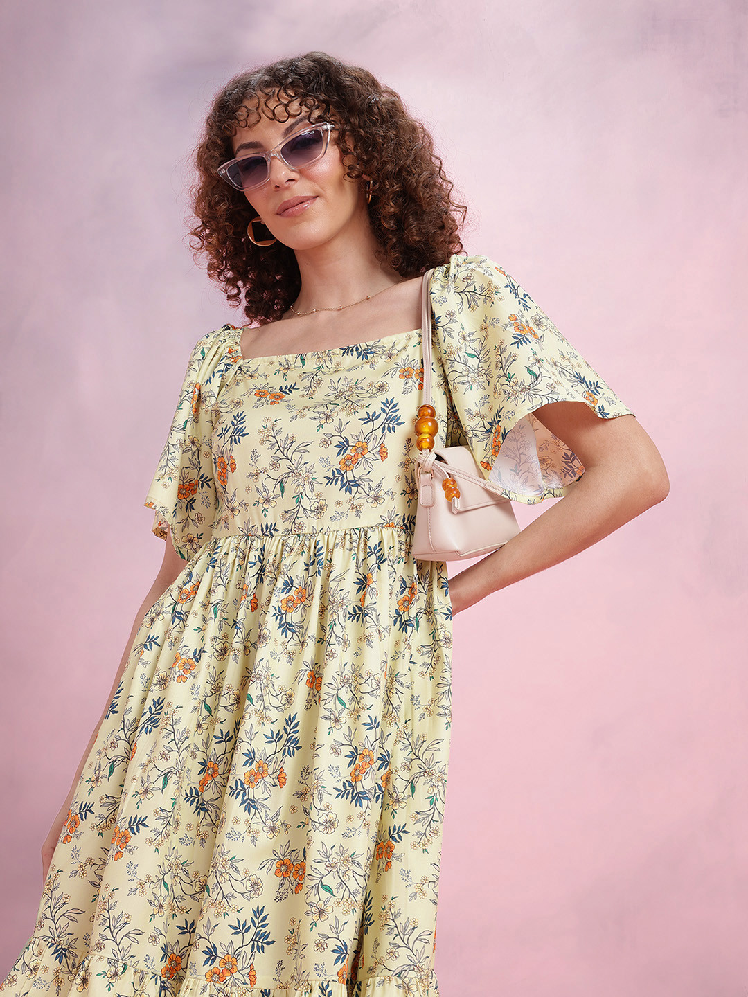 

DressBerry Floral Print Flared Sleeve A-Line Midi Dress, Yellow