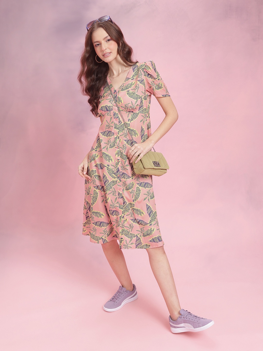 

DressBerry Tropical Print Puff Sleeve Empire Midi Dress, Peach