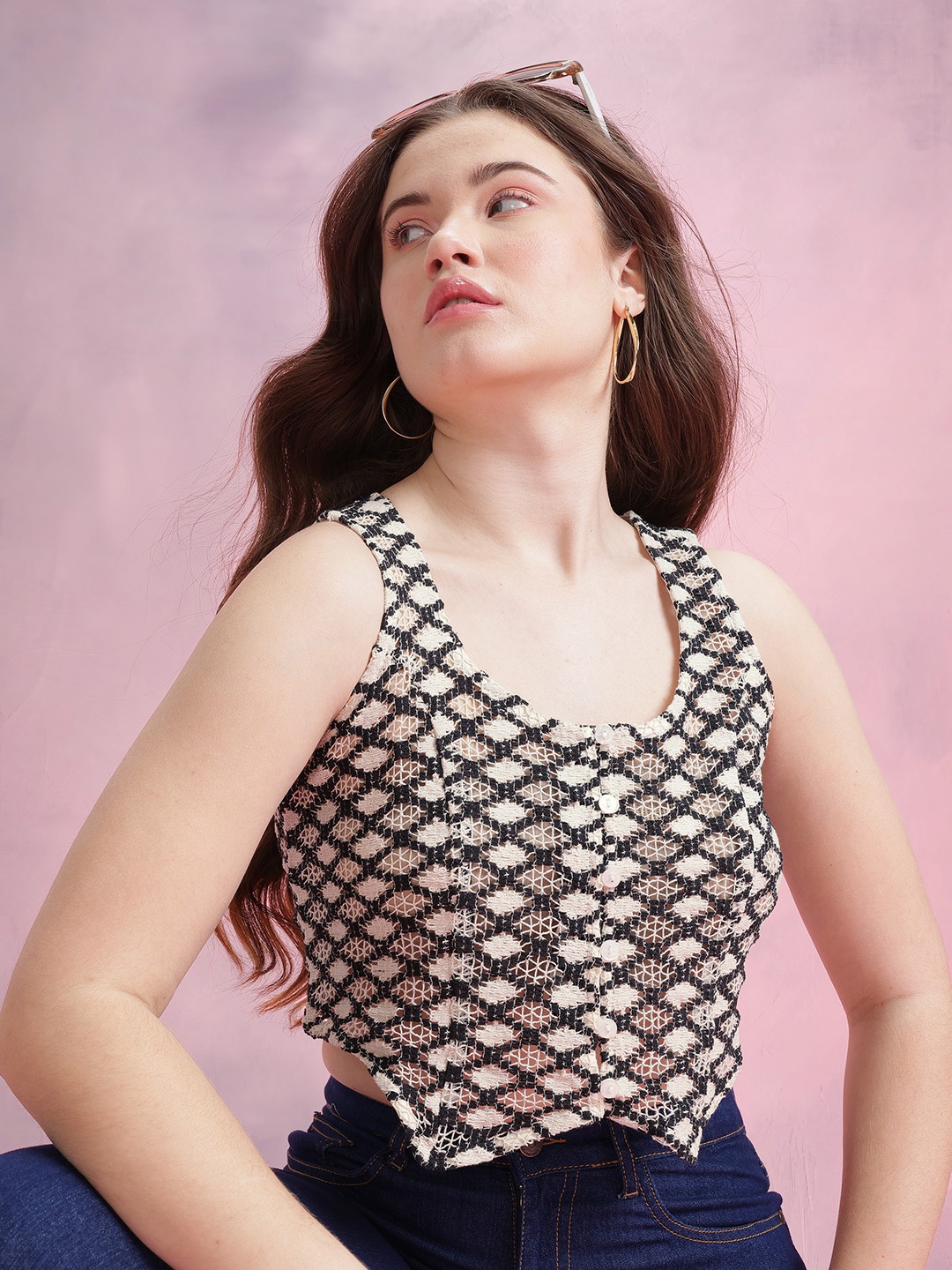 

DressBerry Open Knit Crochet Waistcoat-Style Vest Top, Black