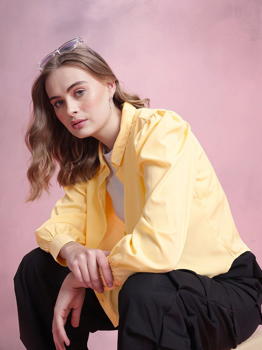 

DressBerry Puff Sleeves Solid Shirt, Yellow