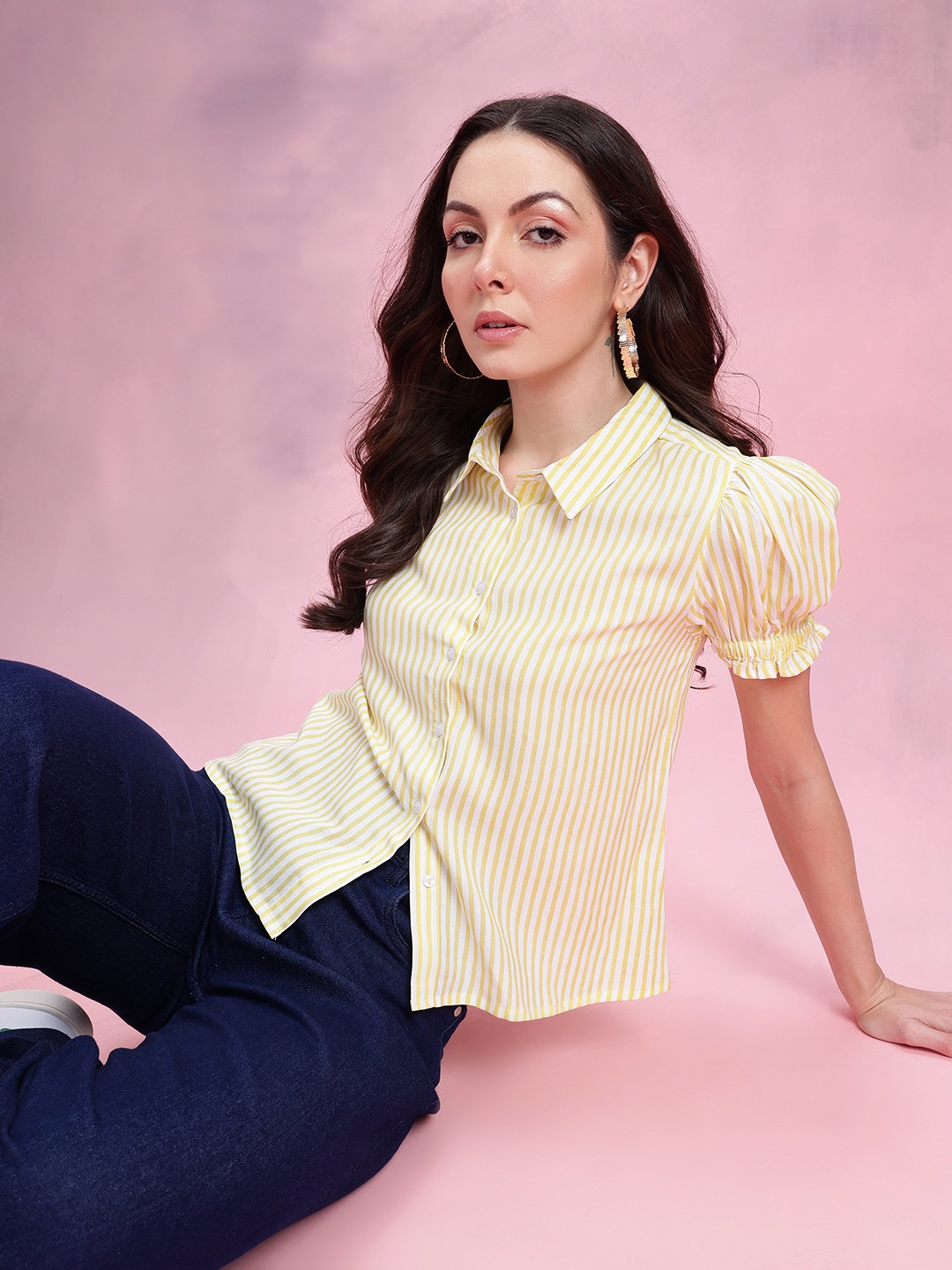

DressBerry Striped Puff Sleeve Shirt, Yellow