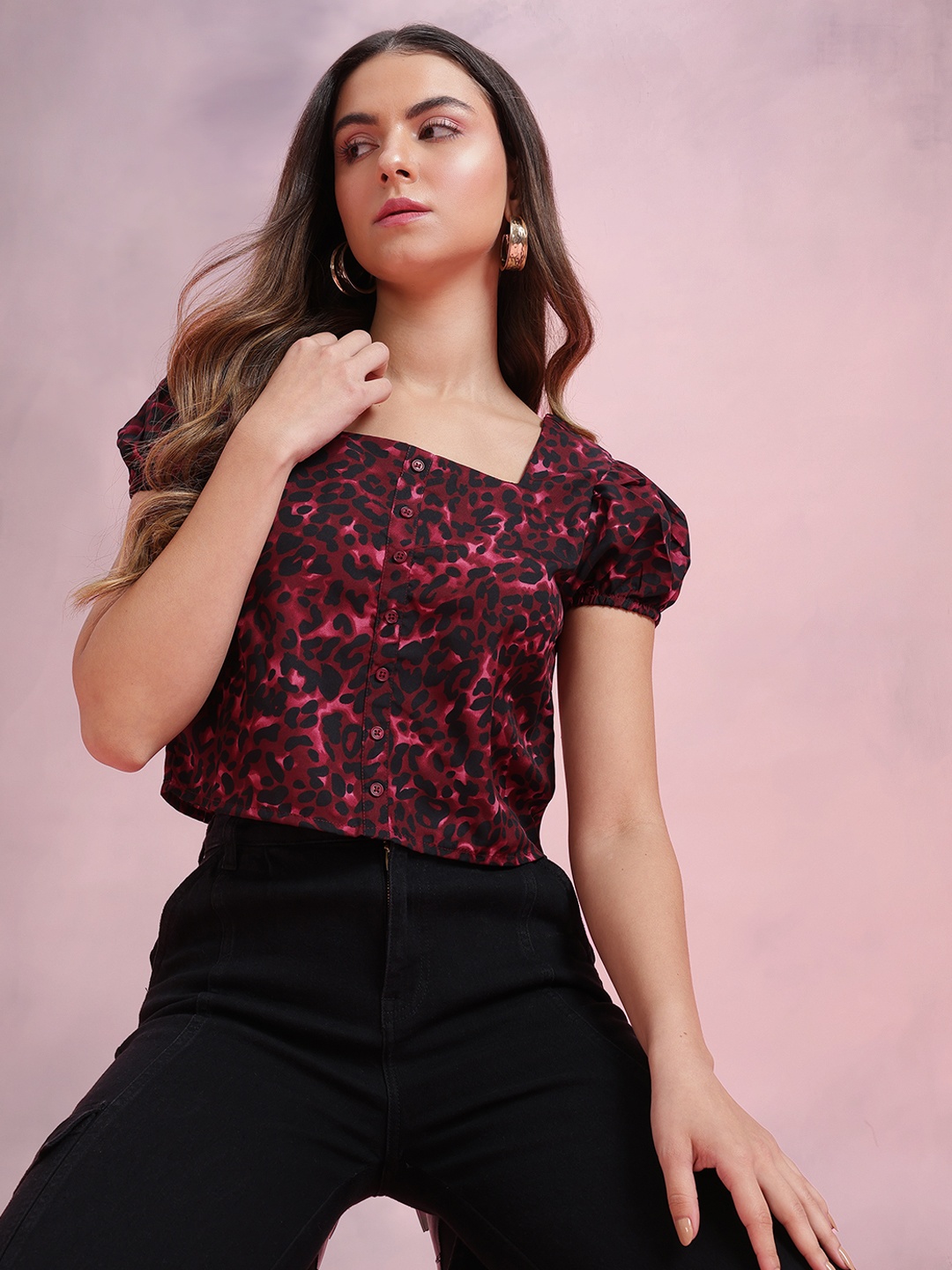

DressBerry Animal Print Puff Sleeve Top, Black
