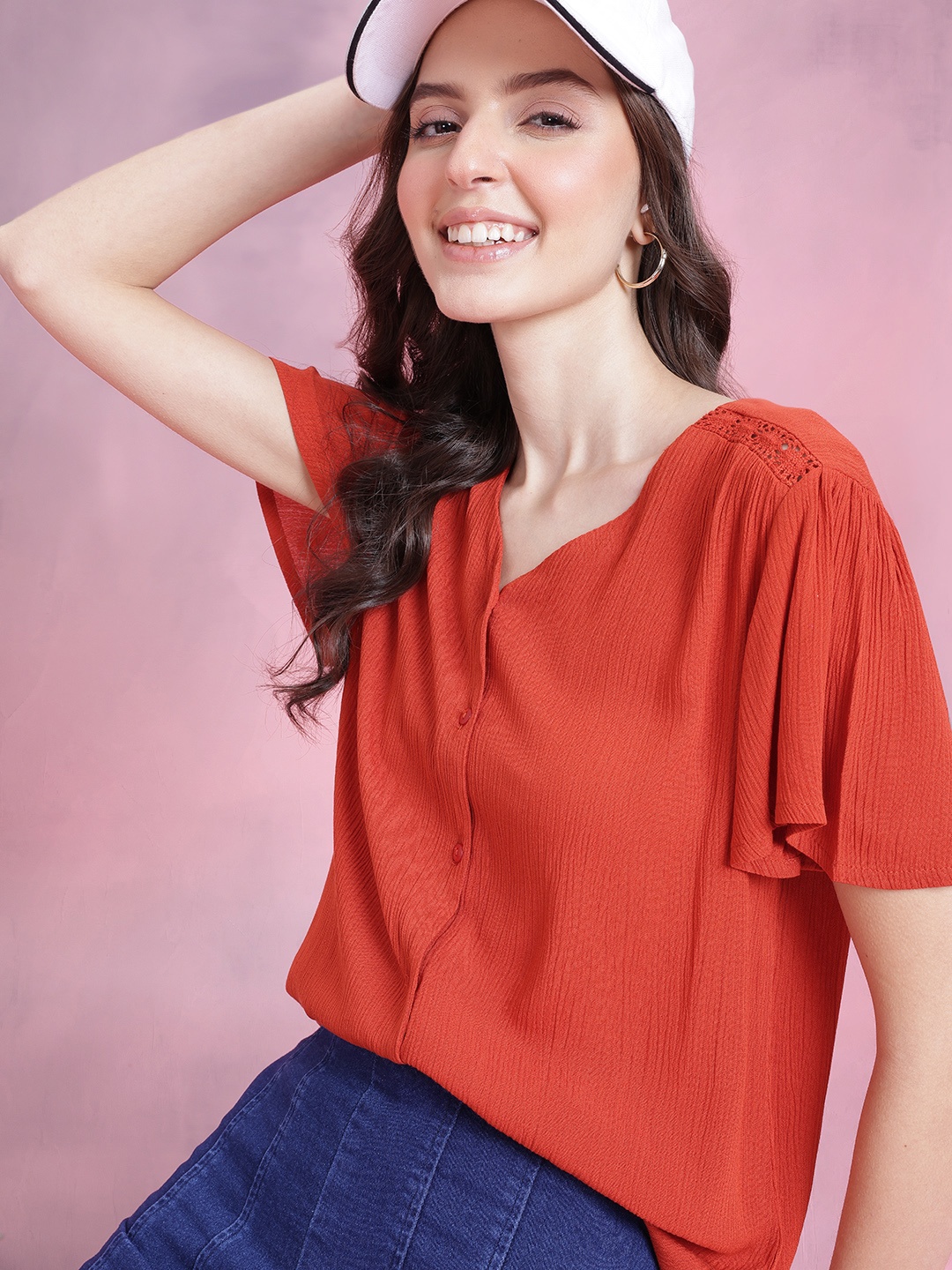 

DressBerry Flutter Sleeve Crinkle Effect Shirt Style Top, Rust