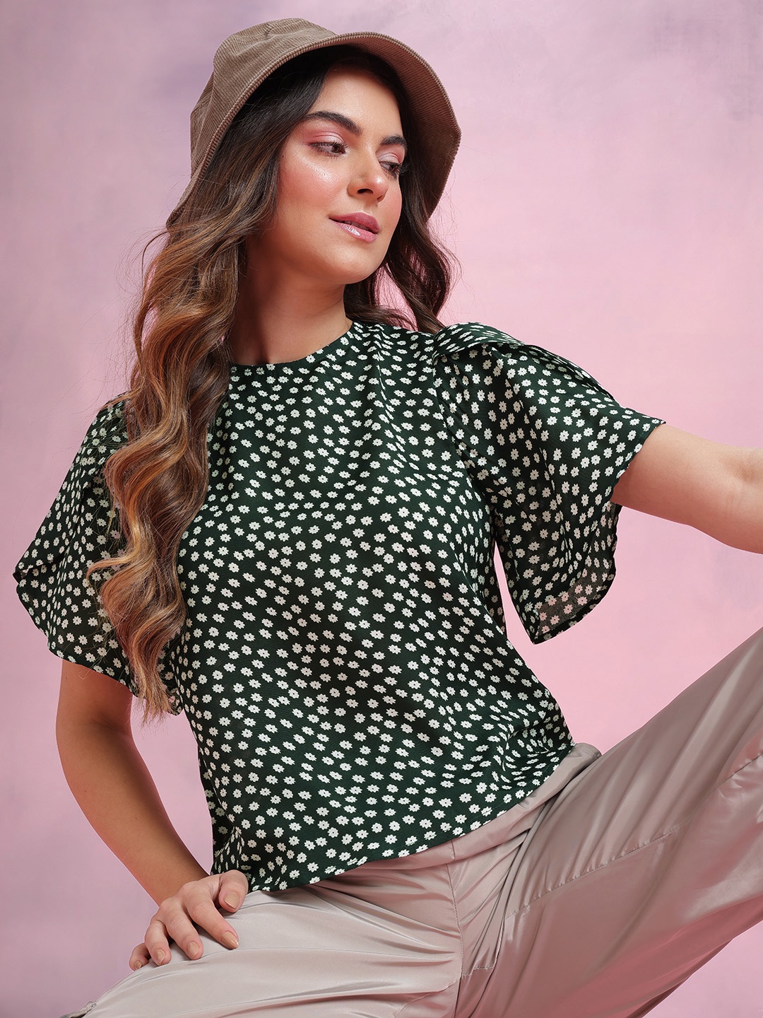 

DressBerry Floral Print Puff Sleeve Top, Green