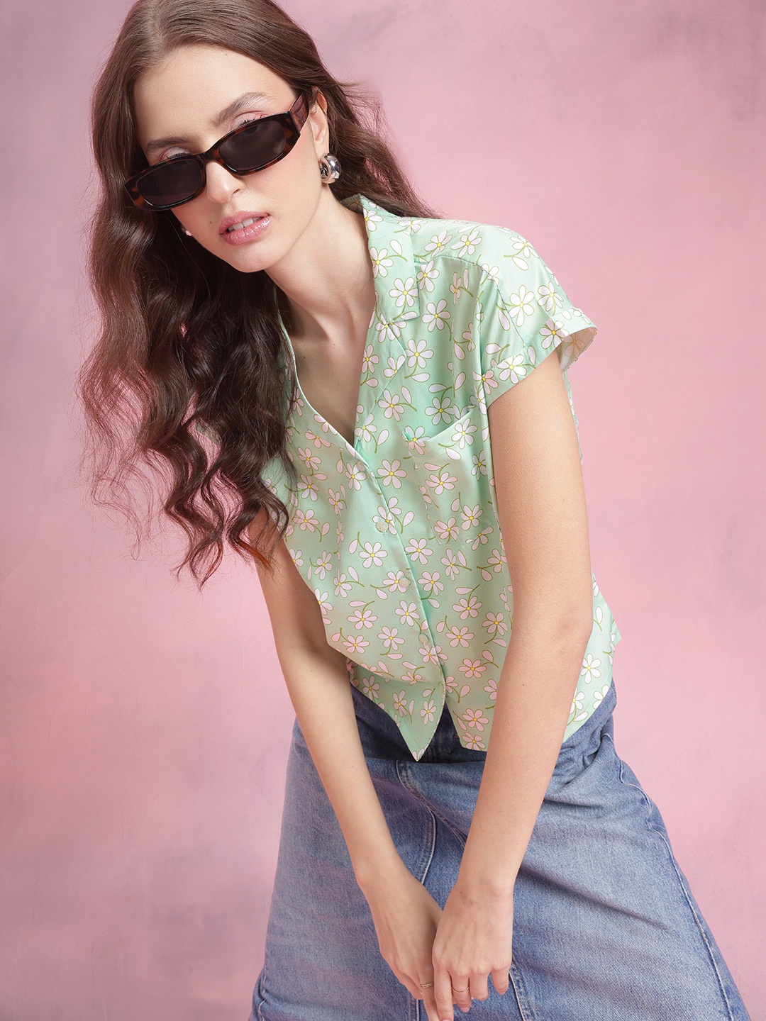 

DressBerry Floral Print Extended Sleeve Shirt, Green