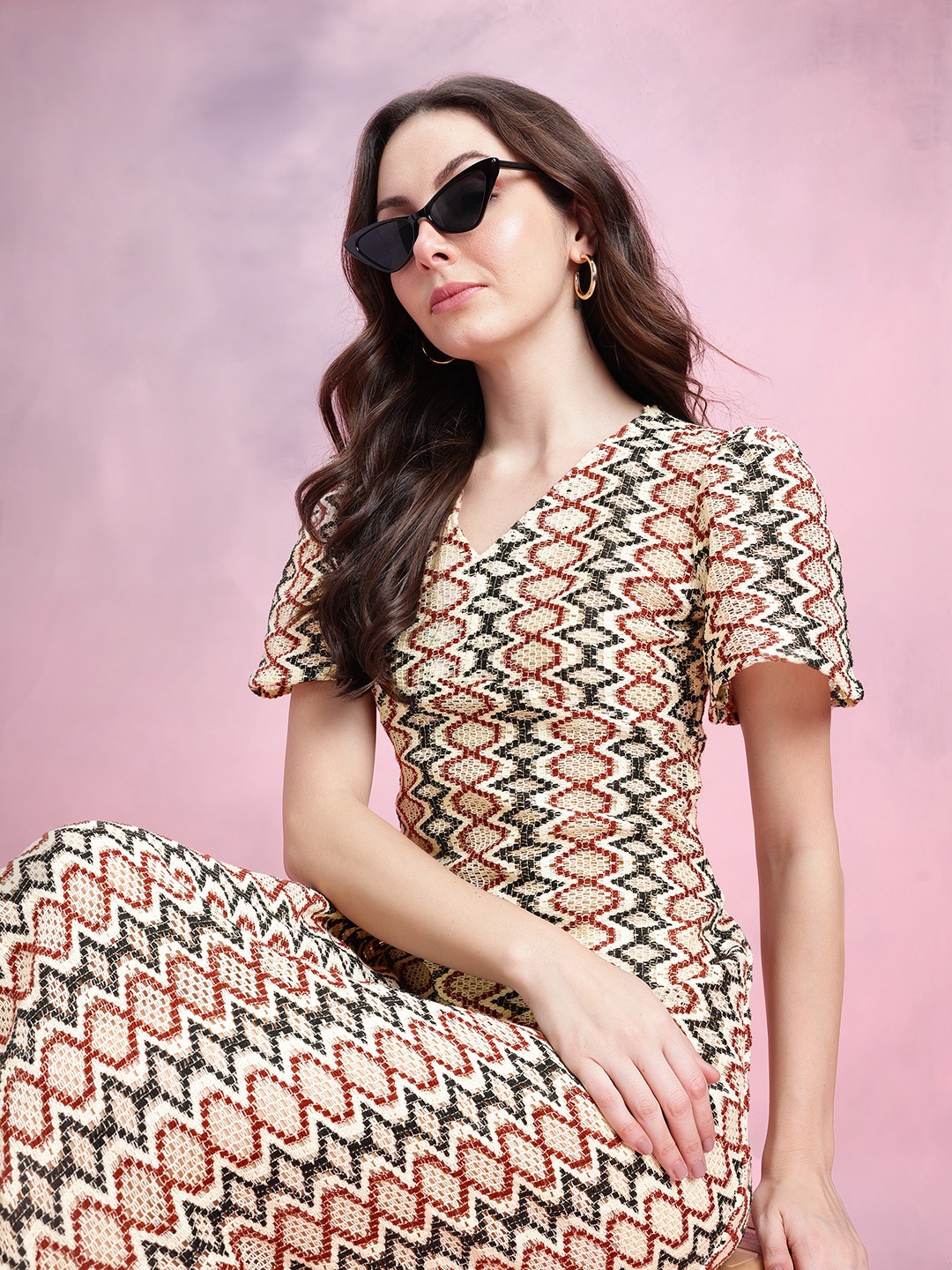 

DressBerry Flared Sleeve Crochet A-Line Midi Dress, Multi