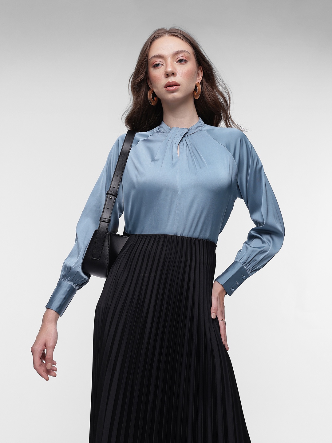 

French Connection Pleated Overlapping Detail Cuffed Sleeves Satin Top, Blue