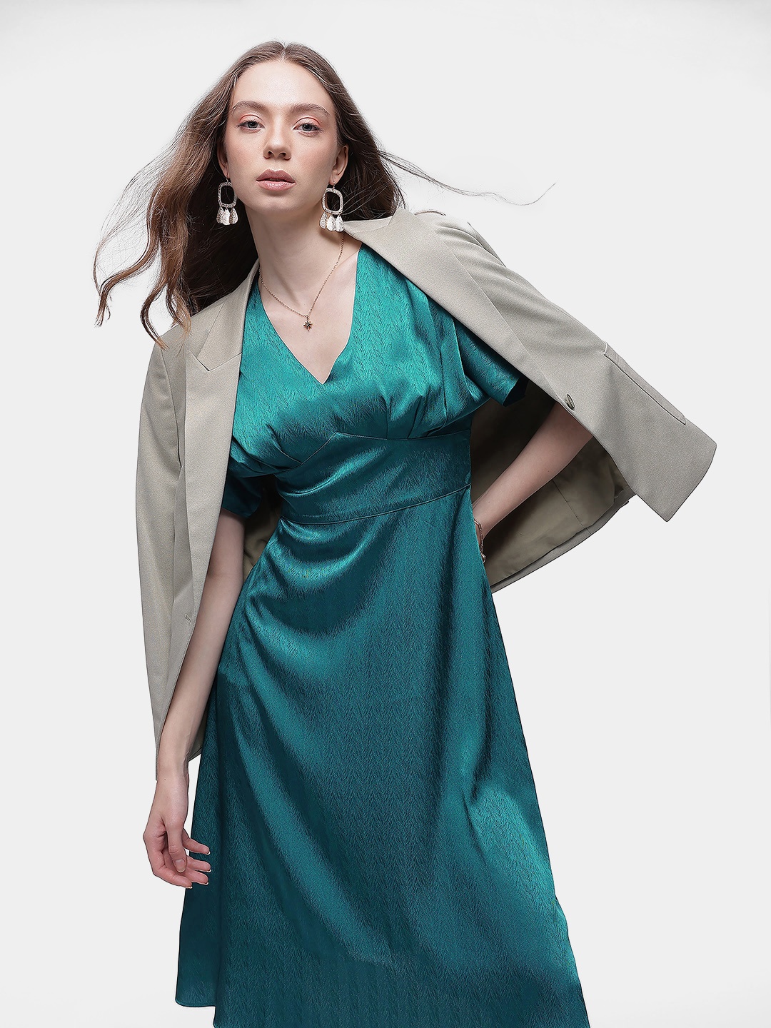 

French Connection Satin-Finish A-Line Dress, Green