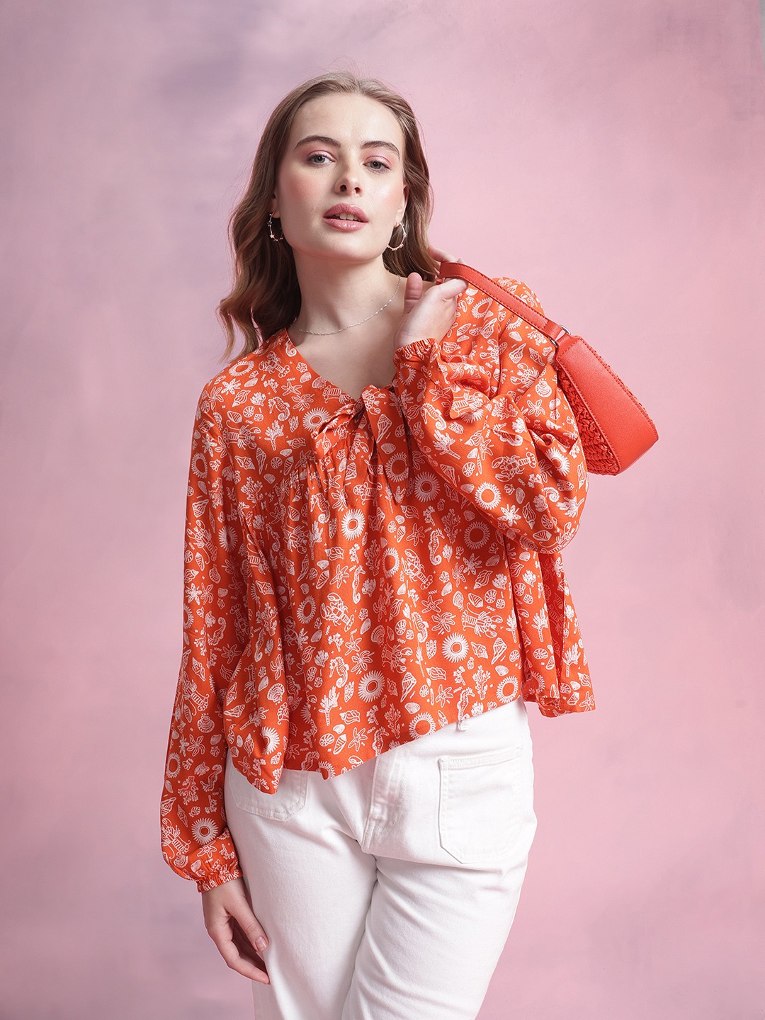 

DressBerry Conversational Print Tie-Up Styling Empire Top, Orange