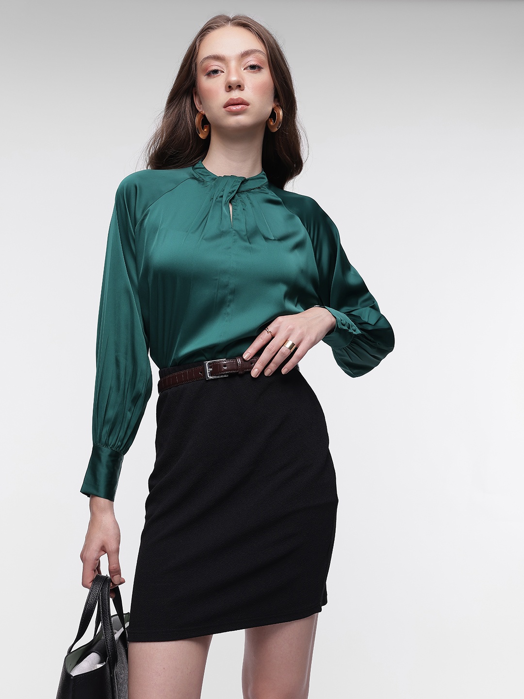 

French Connection Pleated Overlapping Detail Cuffed Sleeves Satin Top, Green