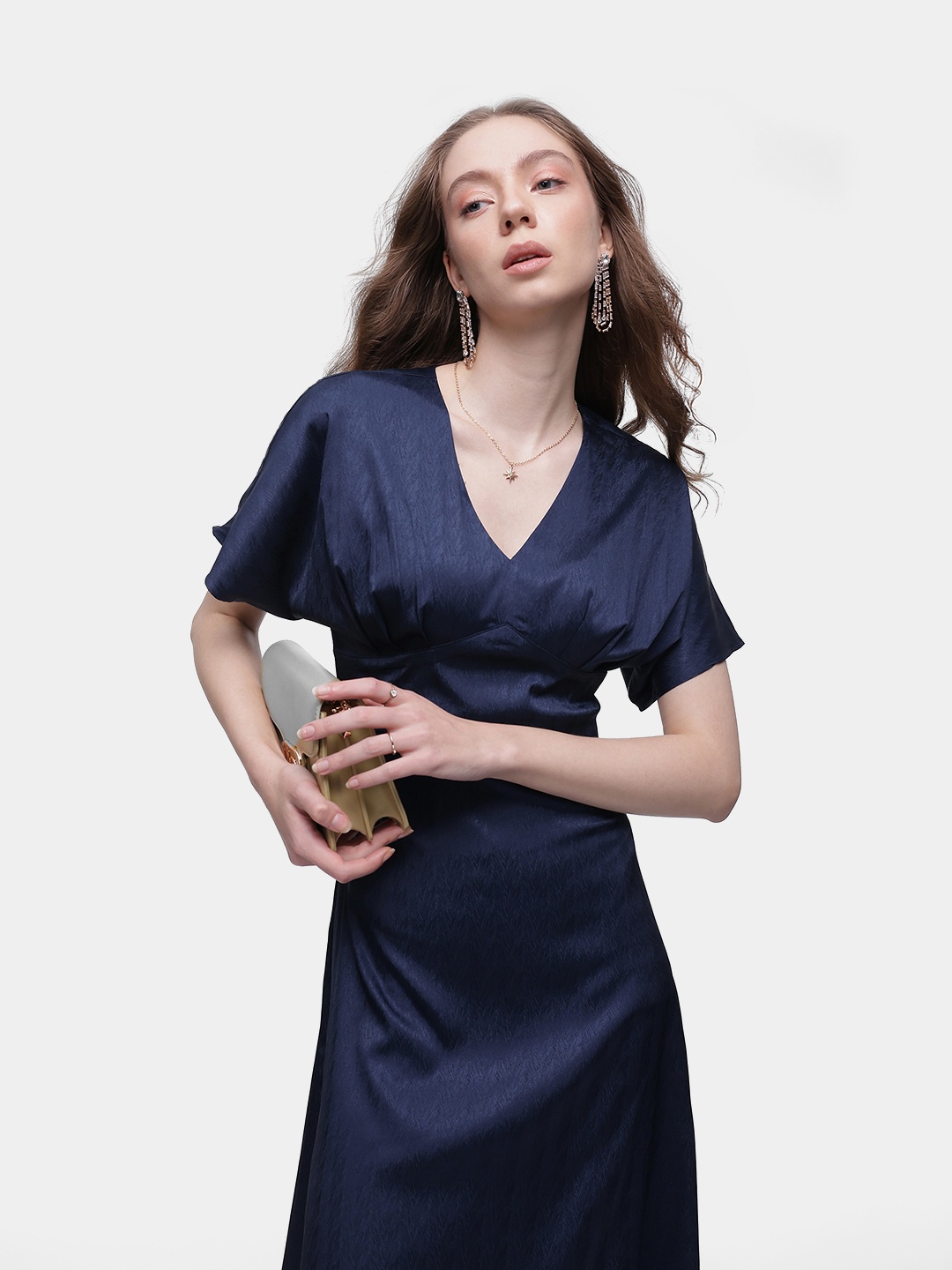 

French Connection Satin-Finish A-Line Dress, Navy blue