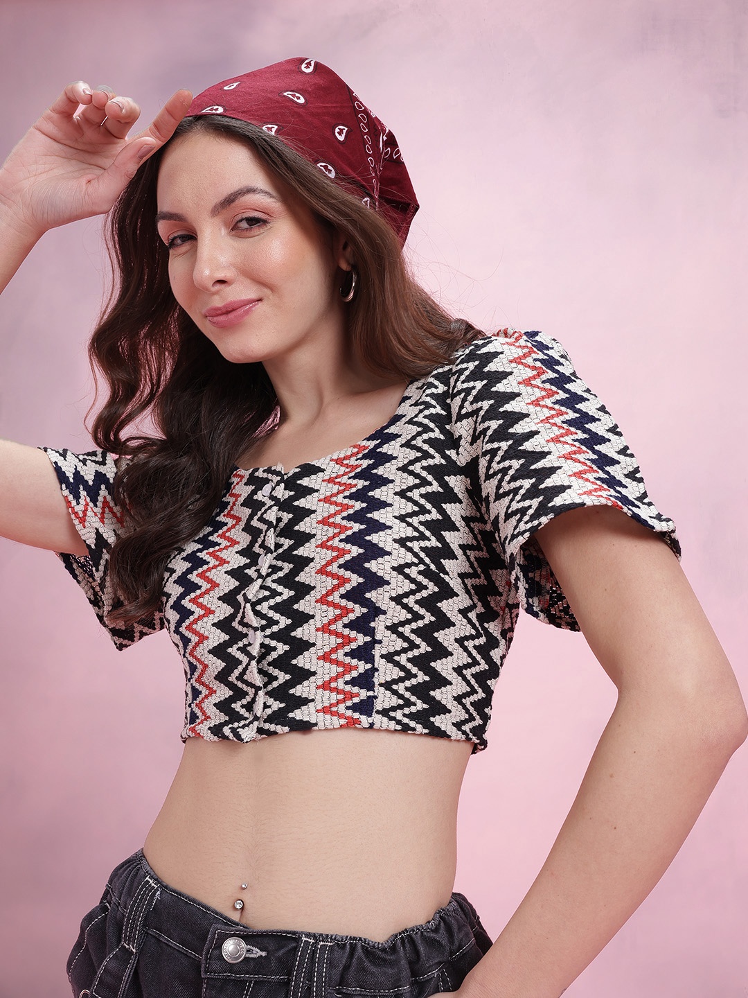 

DressBerry Geometric Design Flared Sleeve Crochet Top, Off white
