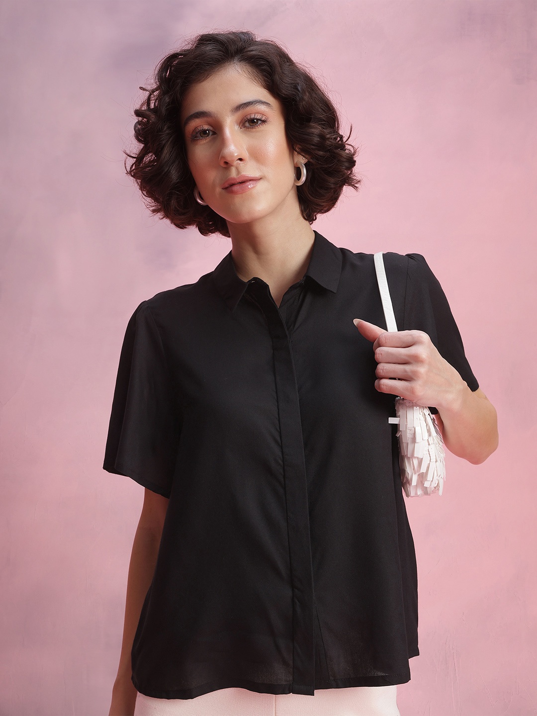 

DressBerry Basics Flared Sleeves Casual Shirt, Black