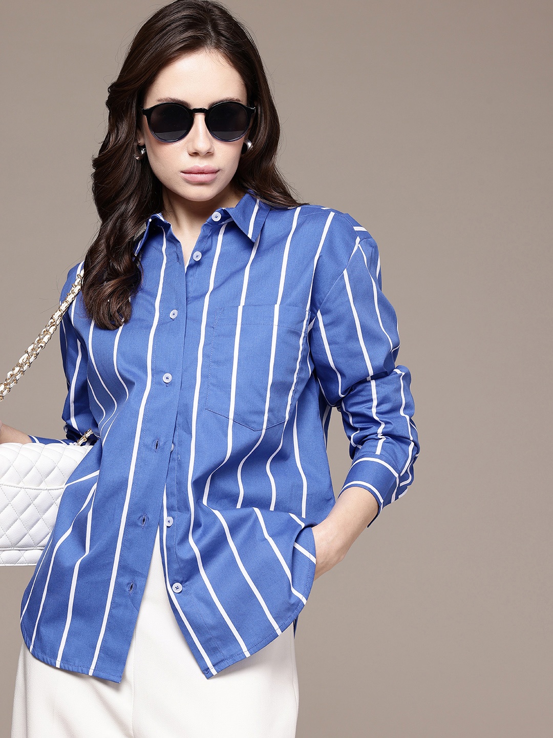 

French Connection Relaxed Fit Striped Drop-Shoulder Sleeves Pure Cotton Casual Shirt, Blue
