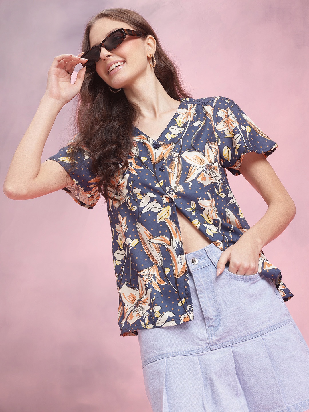 

DressBerry Floral Print Flared Sleeves Top, Navy blue