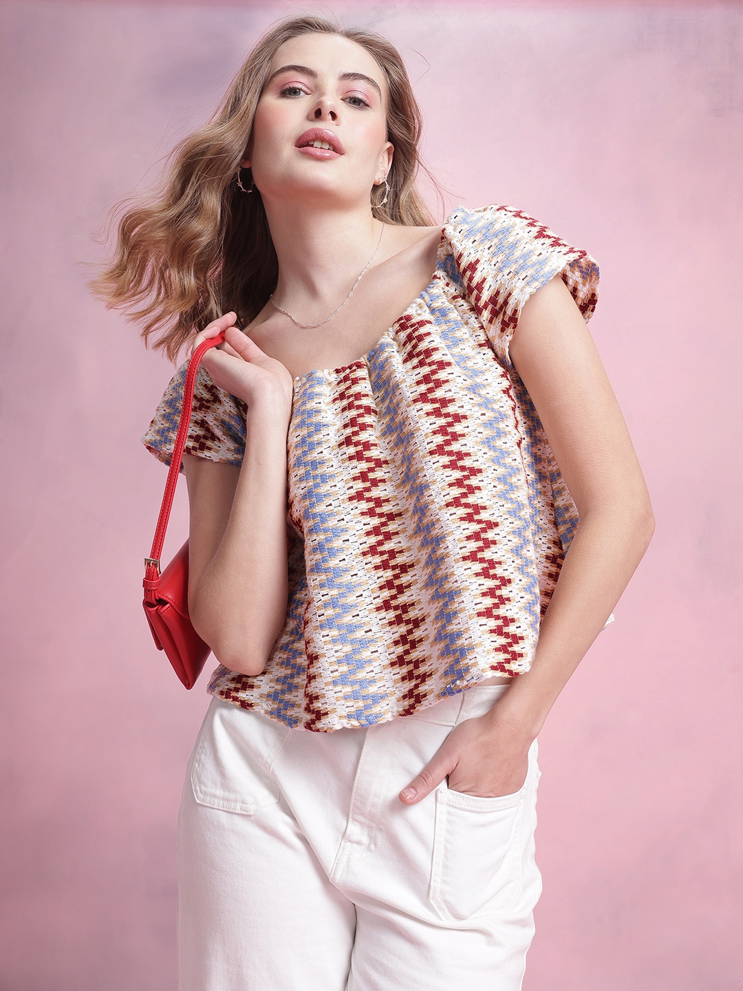 

DressBerry Chevron Stripe Self Design Boxy Top, Multi