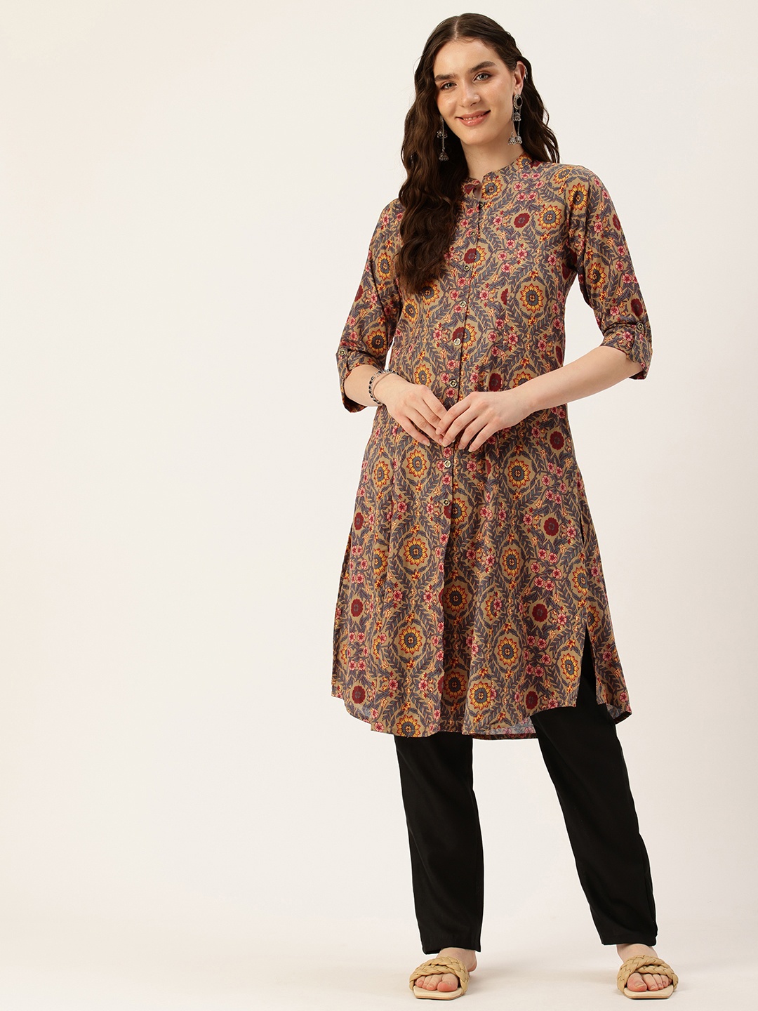 

AMUKTI Floral Printed Mandarin Collar Kurta, Olive