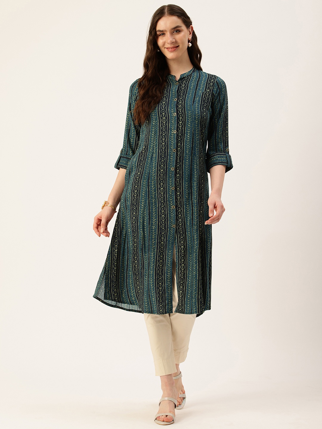 

AMUKTI Striped Mandarin Collar Kurta, Navy blue