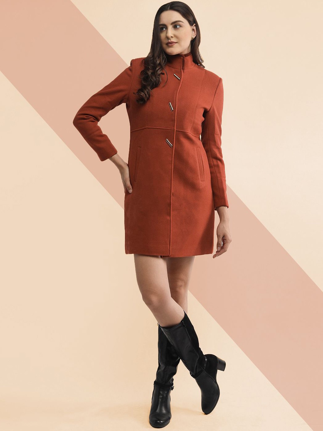 

The Roadster Lifestyle Co. Women Solid Single Breasted Woollen Overcoat, Rust