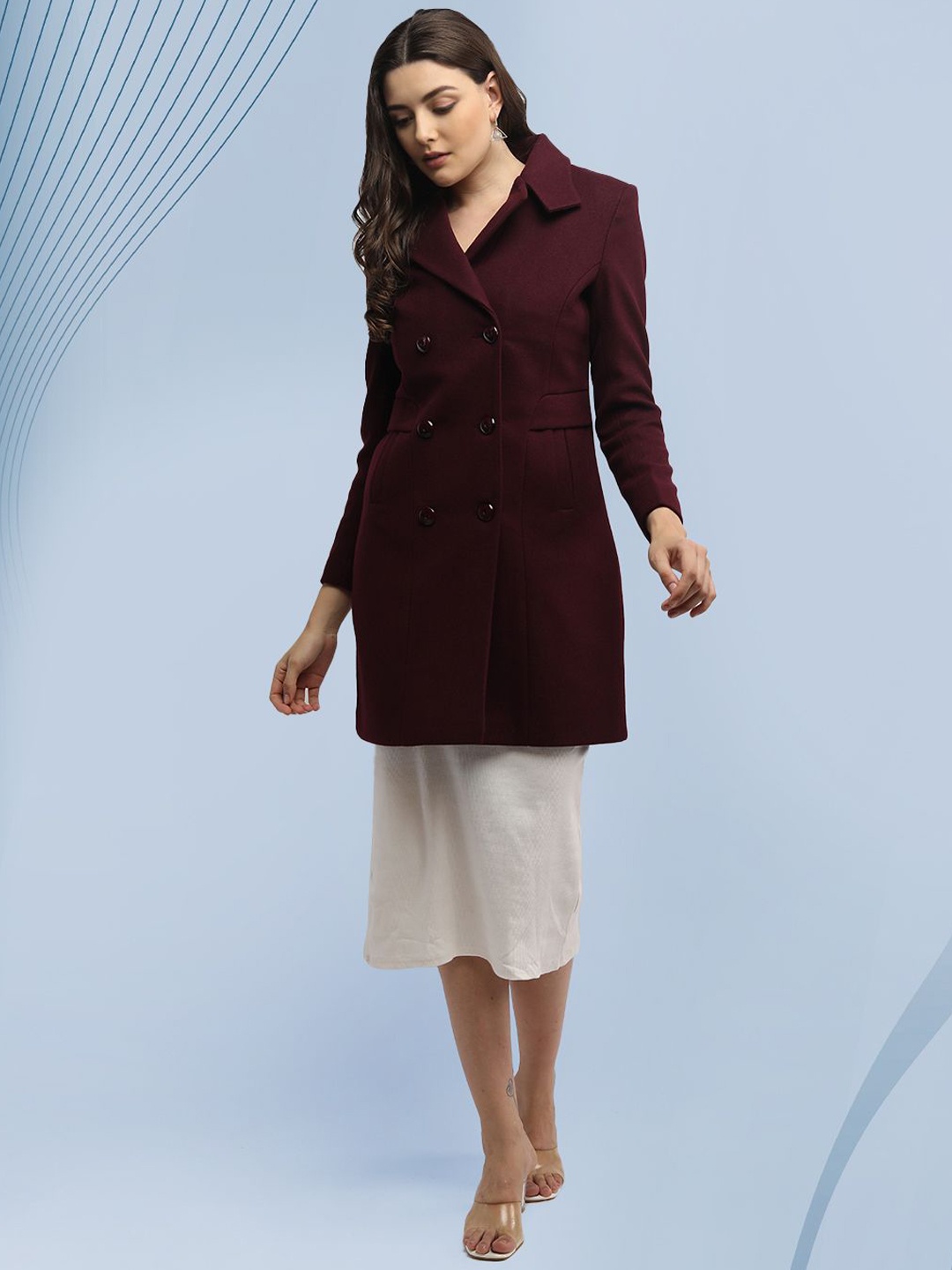 

The Roadster Lifestyle Co. Women Solid Notched Lapel Collar Wool Single-Breasted Overcoat, Maroon