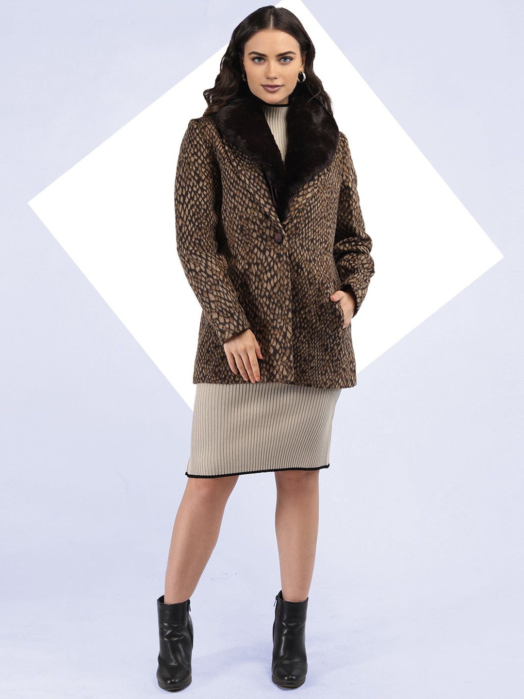 

The Roadster Lifestyle Co. Women Self design Fur Collar Woollen Overcoat, Brown