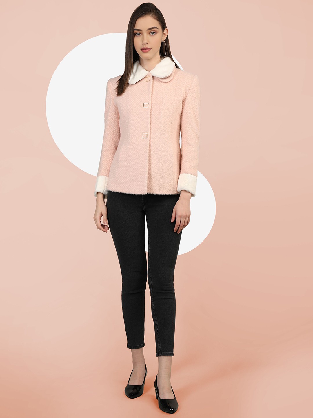 

The Roadster Lifestyle Co. Women Self Design Fur Collar Woollen Single Breasted Overcoat, Peach